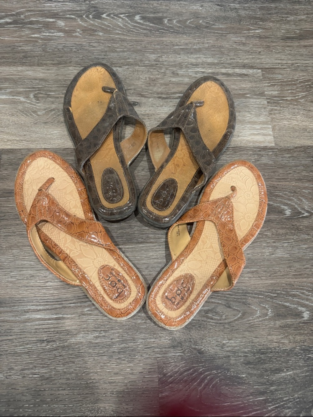 b.o.c. Croc-Embossed Toe-Post Sandals in Brown and Tan